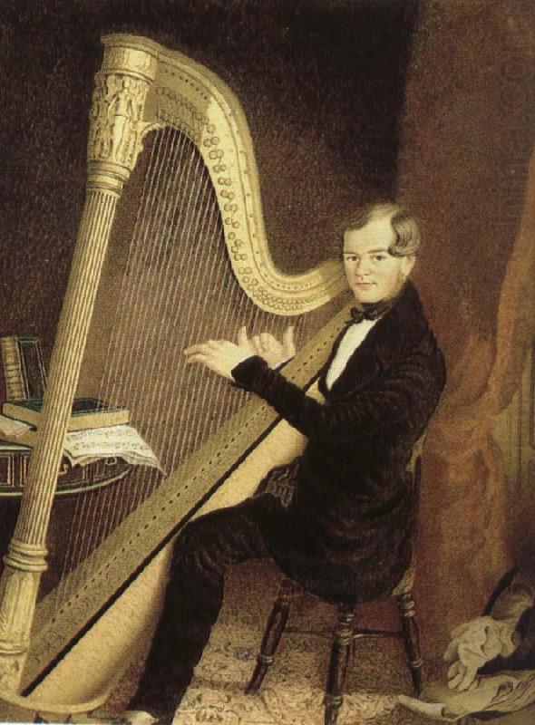 an early 19th century pedal harp player, unknow artist